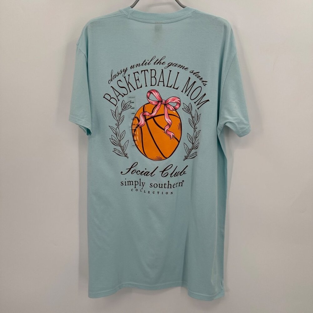 Simply Southern Short Sleeve T-Shirt sz L Ice Blue Basketball Mom Tee NWT